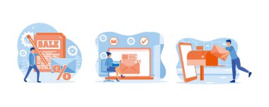 Characters sending advertising mails and promotional offers with sales and discounts. E-mail marketing and promotion scenes. Ecommerce business concept. Set flat vector modern illustration