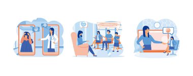 Psychological counseling concept. Family psychologist speaking with couple , family psychiatry concept. Psychologist online. Set flat vector modern illustration