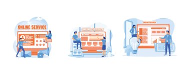 Interaction with a customer online service or platform. Responsive web design online service or platform. Employee loyalty online service or platform. Set flat vector modern illustration