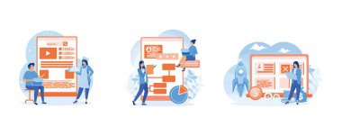 Stewardess online service or platform. Successful strategy, motivation and leadership. Marketing analysis and development. Business boost online service or platform. Set flat vector modern illustration