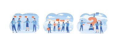 Discussion, team communication conversation. Business team coworker discussing work in meeting with speech bubbles. Men and women asking questions. Set flat vector modern illustration