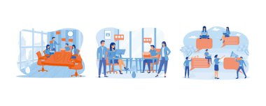 Team of people sitting at desk with laptops working together. Coworking, teamwork concept. A group of people communicates through the Internet social networks. Set flat vector modern illustration