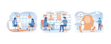 Online psychological. Male character at psychotherapist appointment. Forensic psychology as interrogation person concept. Set flat vector modern illustration