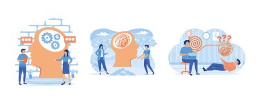 Psychology, psychotherapy and psychiatry counseling concept. Psychotherapy practice. Psychotherapy, unraveling complex situations. Set flat vector modern illustration