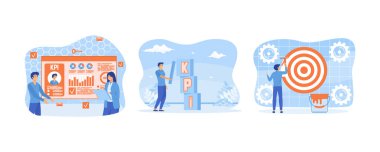 Key performance indicators. KPI, main performance to evaluate success or target achievement. Ambitious businessman on a ladder using a paint roller to paint a large dartboard. Set flat vector modern illustrations