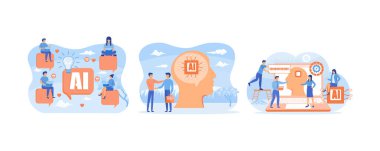 People chatting with AI chat bot and get smart solution. Business industry robot factory concept Robotic system control put AI. Brain with neural network on laptop and scientists. Set flat vector modern illustration