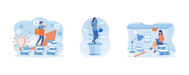 Self learning,book. Tiny woman in flowerpot watering herself. Education and personal growth concept. Set flat vector modern illustration