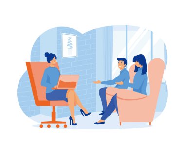 Psikolog randevusunda evli genç bir çift. Evlilik krizi, çatışma, ilişki sorunu. düz vektör modern illüstrasyon