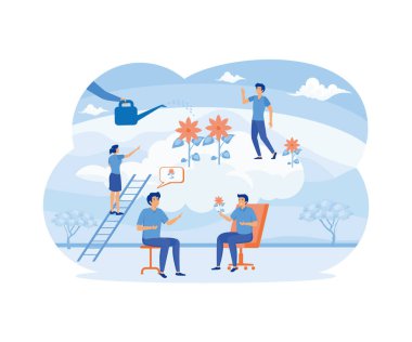 Psikoterapi ve hasta bakımı için psikolojik destek, küçük insan konsepti. Depresyon ve travma sonrası zihinsel rehabilitasyon. düz vektör modern illüstrasyon