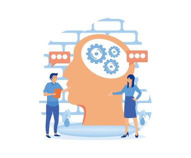 Psikoloji, psikoterapi ve psikiyatri danışmanlık konsepti. Beyni olan insan kafası. Erkek psikolog ve kadın hasta. düz vektör modern illüstrasyon