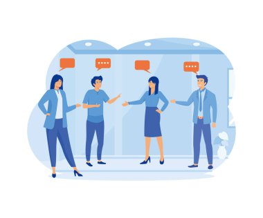 Tartışma, takım iletişimi, iş arkadaşı sohbeti, görüş konsepti, iş arkadaşlarının konuşma baloncuklarıyla iş görüşmesi. düz vektör modern illüstrasyon