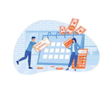 Maaş günü, hesap makinesi ve maaş çeki alan küçük iş adamları, maaş bordrolu yazılım konsepti. düz vektör modern illüstrasyon