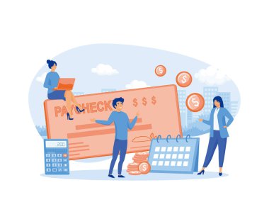 Maaş ve maaş konsepti. Çalışanların vektörü, maaş günü ve maaş çeki olan bir takvim. düz vektör modern illüstrasyon