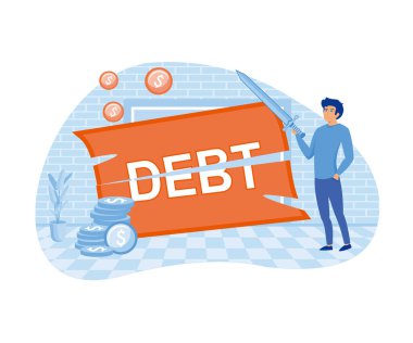 Borcu kes. İş adamı bir kılıçla borç sözcüğünü kesiyor. Para uçuşuyor. Azalt, dilimle ve borç kavramından kurtul. düz vektör modern illüstrasyon