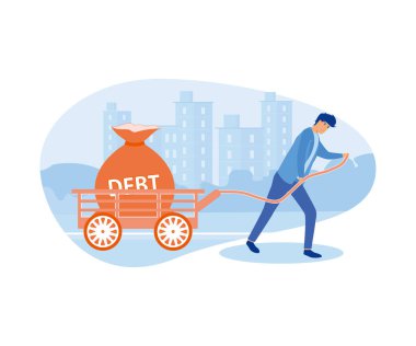 Businessman sweating and pulling a cart with text Debt on it. Creative on financial obligation as heavy burden concept. flat vector modern illustration clipart