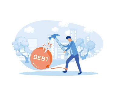 İşadamı, ayağını çekiçle zincirleyen borç sözüyle demir topu yok etmeye çalışıyor. Krizden kurtulma mücadelesini sembolize ediyor. düz vektör modern illüstrasyon