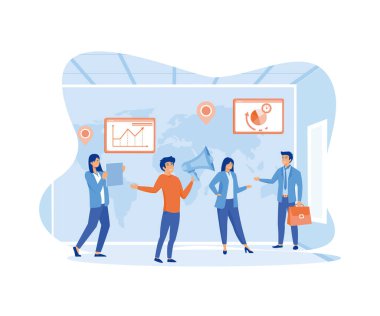 Bir grup insan bir fikir düşünüyor. Yeni bir iş projesi hazırla. Kariyer başarıya, iş analizine yükseliyor. düz vektör modern illüstrasyon