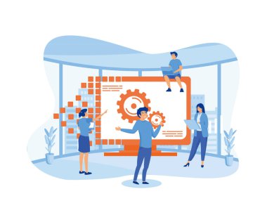 Web afişi, bilgi grafikleri ve mobil için insanlarla dijital dönüşüm. düz vektör modern illüstrasyon