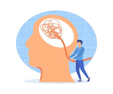 Akıl sağlığı konsepti. Zihinsel bozukluğu olan bir karakter strese ve depresyona karşı savaşır. düz vektör modern illüstrasyon