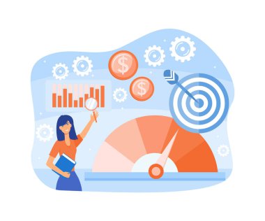 İş başarısı değerlendirme kavramı için temel performans göstergesi veya KPI. Profesyonel şirket analizi ve memnuniyet raporu. Kâr ve gelir seviyesi. düz vektör modern illüstrasyon