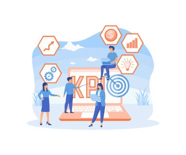 Kpi Veri Raporu, İş Karakterleri ve Infographics Elements, Ölçüm Analizi ile Anahtar Performans Göstergeleri. Şirket Yönetimi, Ölçüm Pazarlama Kampanyası. düz vektör modern illüstrasyon