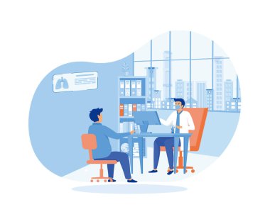 Danışman hasta doktoruyum. Fizikçi monitörle masada oturuyor. Aile terapisti, sağlık hizmeti, klinik çalışma alanı konsepti. düz vektör modern illüstrasyon