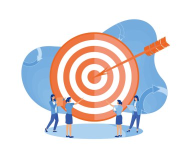 İş adamları çalışıyor ve kadın büyük hedef okunda. İç pazarlama, şirket hedefleri promosyon, çalışanların nişan konsepti. düz vektör modern illüstrasyon