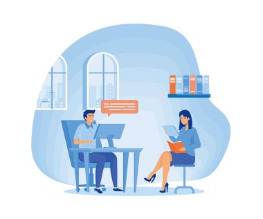 HR erkek işadamıyla iş görüşmesi yapan bir kadın. düz vektör modern illüstrasyon