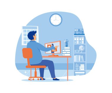 Çevrimiçi görüşme. Bilgisayarından genç bir kadınla görüntülü konuşma yapan bir adam. düz vektör modern illüstrasyon