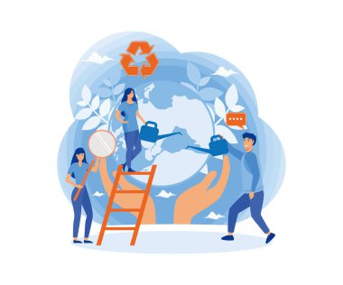 İnternet afişi, bilgi grafikleri ve mobil web sitesi için Dünya ile ilgilenen bir grup insan ya da ekolojist. Çevre koruma, yenilenebilir enerji. düz vektör modern illüstrasyon