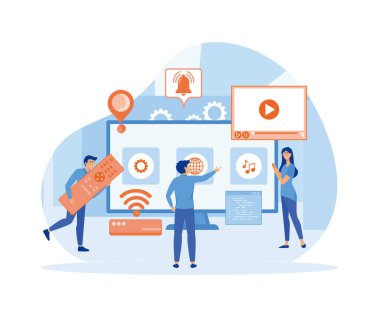 Minik insanların tasarladığı akıllı televizyon teknolojisi. düz vektör modern illüstrasyon