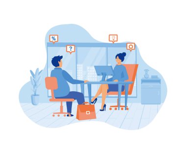 İş adamı kadın finans danışmanıyla konuşuyor. Yatırım planlama, bankacılık. Finansal danışman, vergi uzmanı. düz vektör modern illüstrasyon