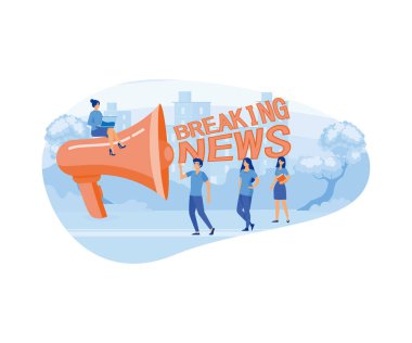 Sinyor büyük bir megafondan ve son haberleri dinleyen küçük insanlardan bir son dakika haberi aldı. düz vektör modern illüstrasyon