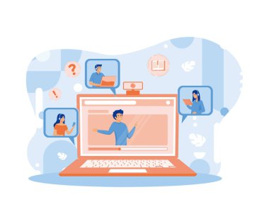 Çevrimiçi eğitim kavramı. Video görüşmesi için kulaklık kullanan gülümseyen insanlar. düz vektör modern illüstrasyon