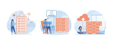 İzleme araçlarıyla sunucu bakımı. Sunucu rafı nalbur odasında çalışan adam, güncelleme ve optimizasyon bilgisayar sistemleri. Sunucu bakım konsepti sahnesi. Düz vektör resimlemesini ayarla