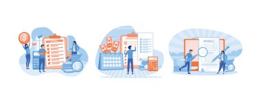 Maaş, maaş, Tiny People Karakter Konsepti. Maaş gelir konsepti. Kadın ve erkek maaş idaresinde çalışıyor. Düz vektör resimlemesini ayarla