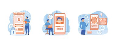 Elinde telefon olan bir adam, bir yüzü teşhis eder. Yüz tanıma konsepti. Yüz tanıma sistemi geliştirme çevrimiçi hizmet veya platform. Düz vektör resimlemesini ayarla