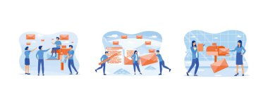 Posta servisi ve yazışma teslimat konsepti. İnsanlar posta ve paketleri müşterilere göndermekle meşgul. İş konsepti için pazarlama ve posta servisi. Düz vektör resimlemesini ayarla