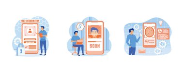 Elinde telefon olan bir adam, bir yüzü teşhis eder. Yüz tanıma konsepti. Yüz tanıma sistemi geliştirme çevrimiçi hizmet veya platform. Düz vektör resimlemesini ayarla