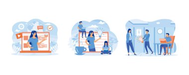 Online global technical support. Concept customer and operator, online technical support for web page. Online assistant at work. Set flat vector modern illustration