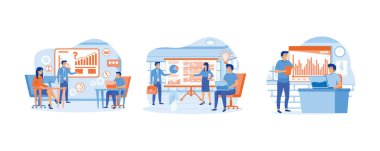 Business people teamwork in office. Businesswoman speaking, presenting graphs on board presentation. Business meeting team conference in office room. Set flat vector modern illustration