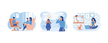 Married young couple at psychologist's appointment. Crying woman sitting on floor hugging knees. Online Psychological Help. Set flat vector modern illustration