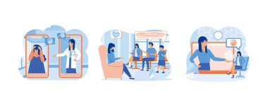 Psychological counseling concept. Family psychologist speaking with couple , family psychiatry concept. Psychologist online. Set flat vector modern illustration