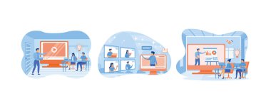 Profesyonel eğitim, eğitim, video eğitimi, online iş kursları, sunum. Çevrimiçi eğitim kavramı. Ofis çalışanları için çevrimiçi eğitim konferansı. Düz vektör resimlemesini ayarla