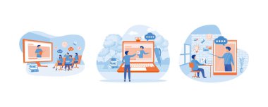 Webinar ve çevrimiçi eğitim kursları, öğretmen bir grup öğrenciye çevrimiçi öğretiyor. Online eğitim ve mezuniyet. Çevrimiçi Eğitim Sosyal Medya İş Tasarımı. Düz vektör resimlemesini ayarla