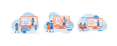 E-öğrenme, uzaktan eğitim. Çevrimiçi erken eğitim kursları. Uzaktan öğrenen bir grup öğrenci. Düz vektör resimlemesini ayarla