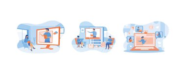 Çevrimiçi eğitim kavramı. Webinar için Webinar eğitimi ve tasarımı ile evde çevrimiçi eğitim ve E-öğrenim. Video görüşmesi için kulaklık kullanan gülümseyen insanlar. Düz vektör resimlemesini ayarla