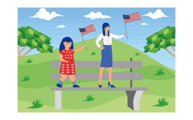 Bir grup sevimli küçük kız gülümsedi ve dışarıda Amerikan bayraklarını salladı. düz vektör modern illüstrasyon A