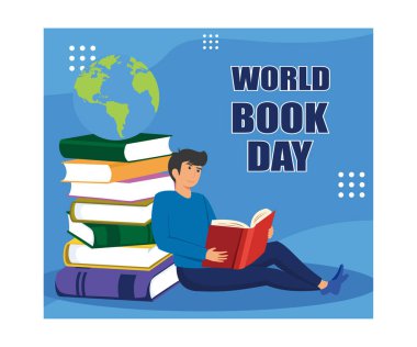 Kitap okuyan genç bir çocuk. Kitap severler, edebiyat hayranları. Kitap Haftası ya da Dünya Kitap Günü kavramı. düz vektör modern illüstrasyon