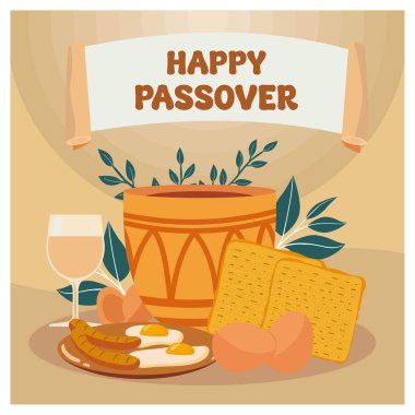 Hamursuz Bayramı için geleneksel matzot, yumurta ve kadehin düz bir çizimi. düz vektör modern illüstrasyon